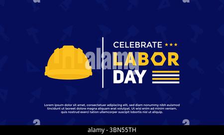 Labor Day greeting horizontal background with construction helmet on blue background. USA Labor Day background template with tools pattern on blue Stock Vector