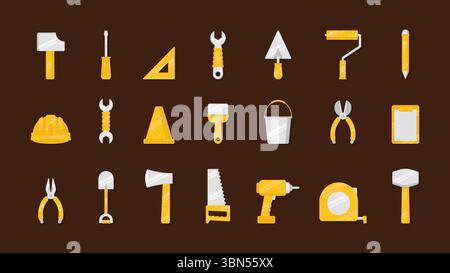 Tools icon flat illustration set. Tools illustration collection with yellow and white color on brown background Stock Vector