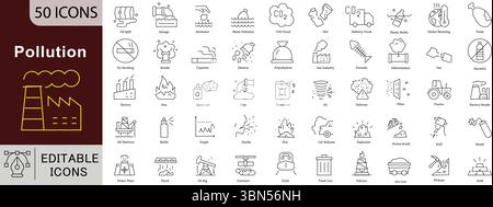 Pollution and Environmental Threat Line Icons: Air, Water, Waste and Climate Change. Stock Vector