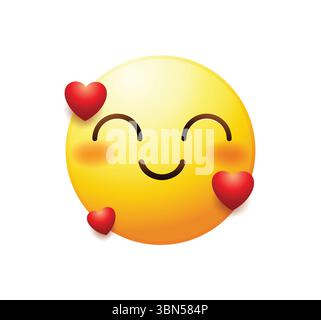 Blushing emoticon with red hearts vector illustration isolated. Love emoji icon. Stock Vector