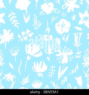 Grunge flowers seamless pattern. White plants, branches and flower on blue. Botanical print for fabric design, wallpaper. Decorative vector background Stock Vector