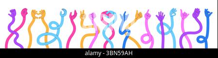 Stretched cartoon hands. Flexible human hand, long arm showing different gestures. Bright comic curved arms, handshake, love symbol, neoteric vector Stock Vector