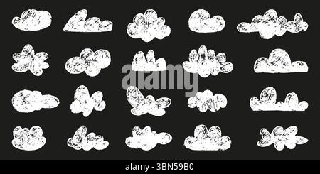 Chalk drawing clouds. White cloud icons crayon style painting, children draw naivy design. Weather nature icons, pencil doodle neoteric vector Stock Vector