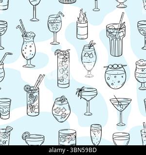 Sketch cocktails seamless pattern. Alcoholic drinks, different beverages with lime lemon. Beach bar party print design. Drinks vector background Stock Vector