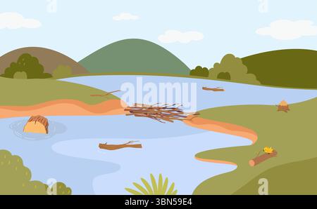 Nature background with lake. Dam on river, green hills in valley landscape. Wooden logs in water and on grass, tree knots, vector illustration Stock Vector
