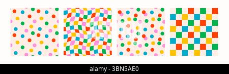 Colorful seamless dot and checker patterns with playful retro vibe. Bright dots and squares abstract confetti backgrounds. Perfect for fabric Stock Vector