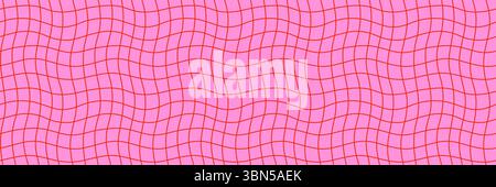 Wavy grid pattern seamless background with red lines on pink creating a retro abstract checkerboard effect. Groovy distorted grid style for fabric Stock Vector