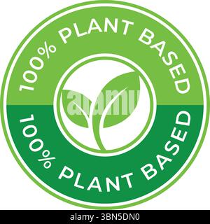 100 Percent Plant-Based vector badge logo – Green Circular Badge with Leaf Icon for Vegan or Organic Products, Vegan Product Stamp Stock Vector