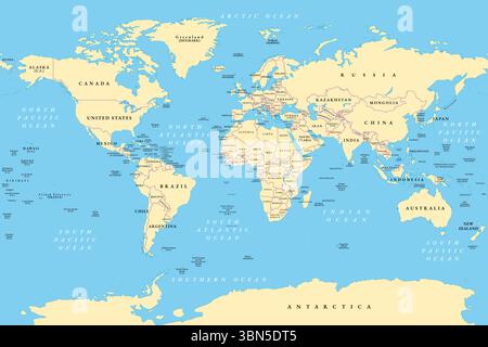 The world, general reference map. Map of the surface of the Earth with ...