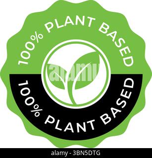 100 Percent Plant-Based vector badge logo – Green Circular Badge with Leaf Icon for Vegan or Organic Products, Vegan Product Stamp Stock Vector