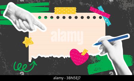 On dark grunge background, hand points to torn sheet of paper. Collage in retro style with halftone elements. Composite poster take notes with sticker Stock Vector
