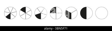 Donut charts segmented on from 1 to 7 equal parts. Diagrams infographic. Circle section minimalist graph. Black and white wheels divided in sections Stock Vector
