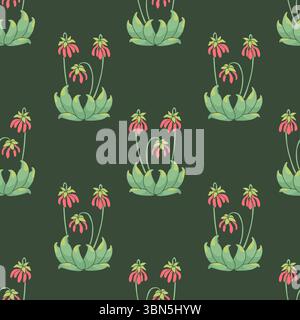 Seamless pattern with canary islands flowers parrot beaks in vintage millefleur style on green background Stock Vector