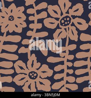 Brush strokes inky flowers brown seamless pattern Stock Vector