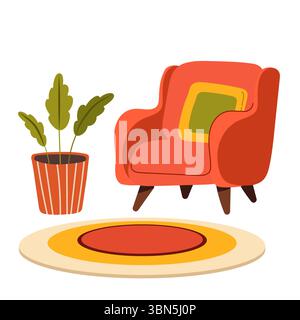 Furniture vector illustration set. Cartoon flat design furniture with armchair, lamp, nightstand, house plants. Designer fashion items for home interi Stock Vector