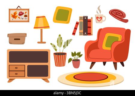 Furniture vector illustration set. Cartoon flat design furniture with armchair, lamp, nightstand, house plants. Designer fashion items for home interi Stock Vector