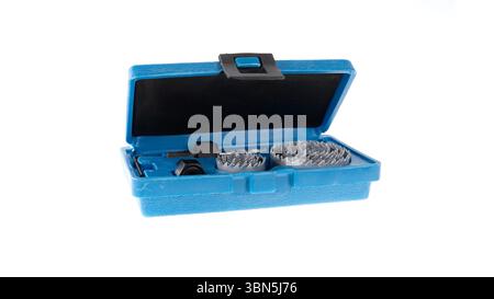 Wire brush set tool kit on white backdrop Stock Photo
