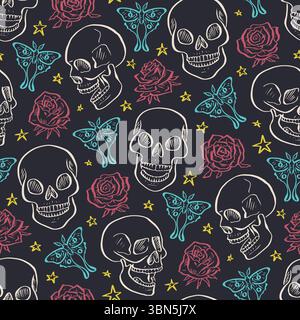 Seamless pattern with hand drawn inky floral skulls surrounded by luna moths and roses Stock Vector