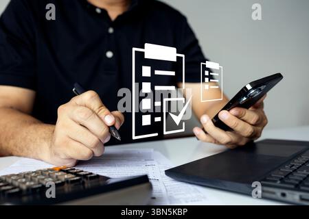 Man managing digital checklists on smartphone with document icons overlay, concept for workflow, productivity, and paperless work Stock Photo