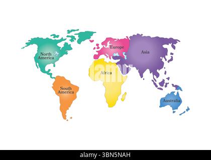 "Colorful World Map with Continents Highlighted - Global Geography Illustration" Stock Vector