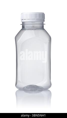 Front view of empty small plastic transparent bottle isolated on white Stock Photo