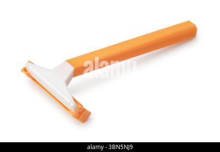 Plastic orange disposable shaving razor isolated on white Stock Photo