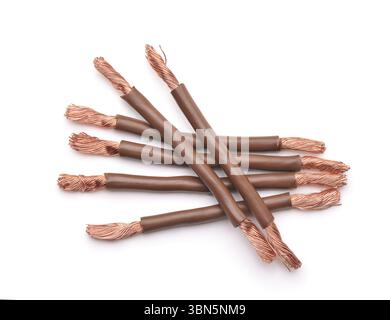 Top view of group short cutted stranded copper wire pieces isolated on white Stock Photo