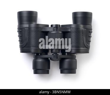 Top view of black metal modern binoculars isolated on white Stock Photo