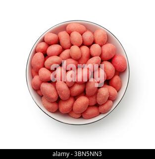 Top view of red spicy coated peanuts in bowl isolated on white Stock Photo