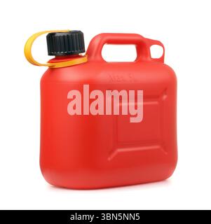 Red plastic fuel jerry can isolated on white Stock Photo