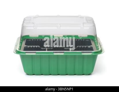 Front view of empty plastic seedling box with transparent cover isolated on white Stock Photo