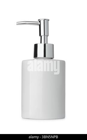 Side view of ceramic liquid soap dispenser bottle isolated on white Stock Photo