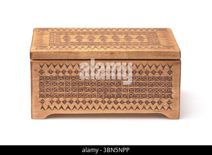 Front view of old wooden carved casket isolated on white Stock Photo