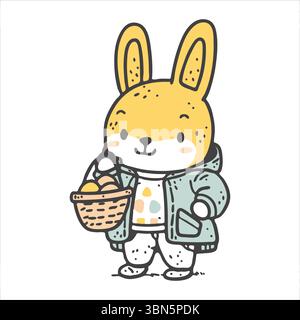 "Adorable Cartoon Bunny in a Jacket Holding a Basket of Easter Eggs on White Background" Stock Vector