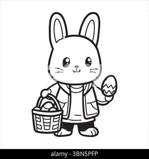 "Adorable Cartoon Bunny in a Jacket Holding a Basket of Easter Eggs on White Background" Stock Vector