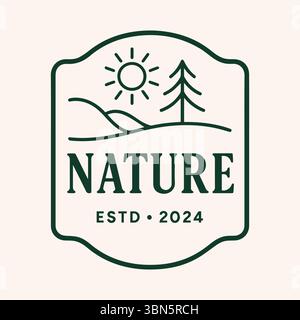 Vintage Nature Logo Design with Sun Mountain and Pine Tree for Outdoor Brands Stock Vector