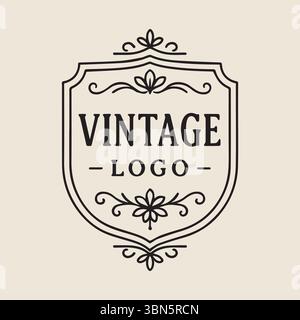 Elegant Vintage Logo Design with Ornate Flourishes and Classic Shield Shape Stock Vector