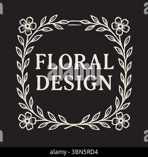 Elegant Botanical Wreath Frame with Cream Flora and Leaves on Black Backdrop Stock Vector
