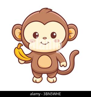 Cute Cartoon Monkey - Holding Banana in Playful Pose Stock Vector
