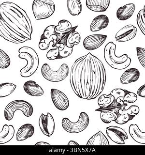 Seamless vector pattern. Nuts, walnuts, hazelnuts, cashews, almonds, and pistachios, all objects are hand-drawn in vector. For printing on fabric Stock Vector