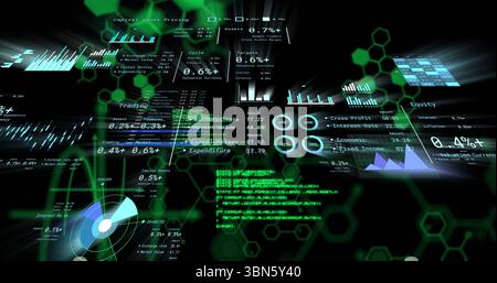 Displaying floating financial panels in UI, with bar graphs and line charts on green hexagon grid Stock Photo