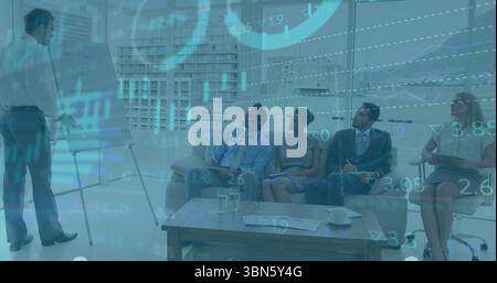 In office, diverse professionals presenting financial data with image overlaying on screen Stock Photo