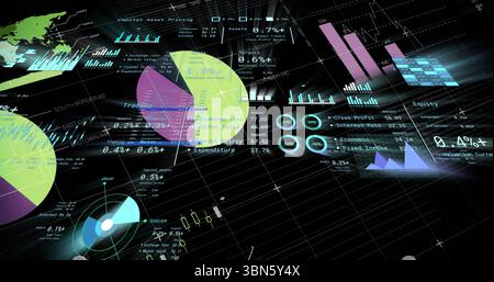 Displaying financial dashboard on grid interface, with pie charts bar graphs line graphs world map Stock Photo