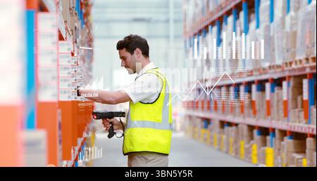 Standing man in safety vest scanning barcodes on boxes in warehouse aisle, with scanner, copy space Stock Photo