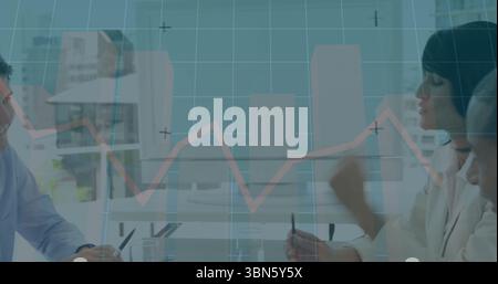 In office, businessman analyzing financial graph image on computer screen Stock Photo