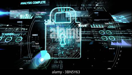 Displaying central holographic padlock icon floating in cyberspace, with floating data panels Stock Photo