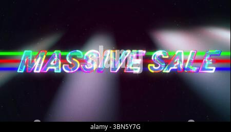 Image of vibrant glitch effect on colorful Massive Sale text on dark background Stock Photo