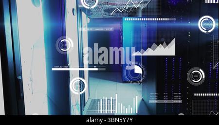 Displaying central server racks running in data center aisle, with LED indicators and data overlays Stock Photo