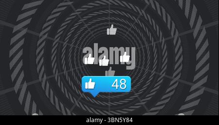 Spinning notification bubble showing thumbs-up icon and 48 in digital tunnel, with thumbs-up icons Stock Photo