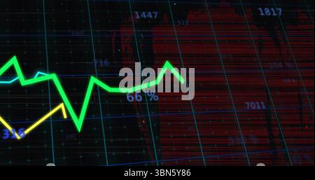 Image of green line graph increasing 65% over red and blue grid background Stock Photo